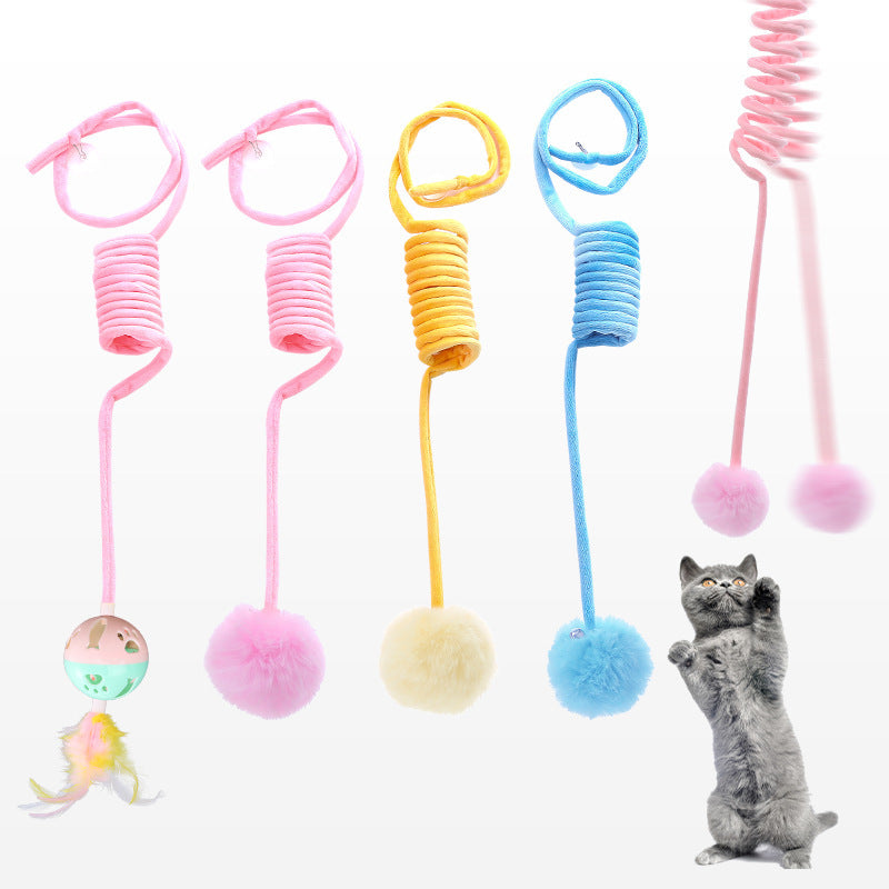 Interactive spring cat toy with suction cup and plush ball