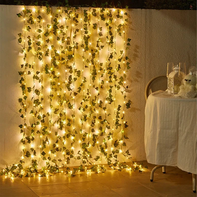 battery powered green leaf vine fairy lights with LED bulbs for bedroom wall garden Christmas wedding party and home decor