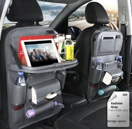 PU leather waterproof car seat back organizer with tray and storage pockets