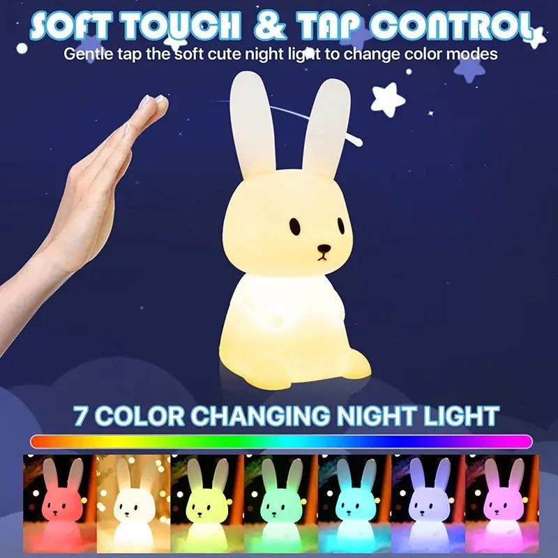 cute silicone rabbit LED night light with touch sensor rechargeable battery warm light and 7 color changing mode for kids bedroom nursery