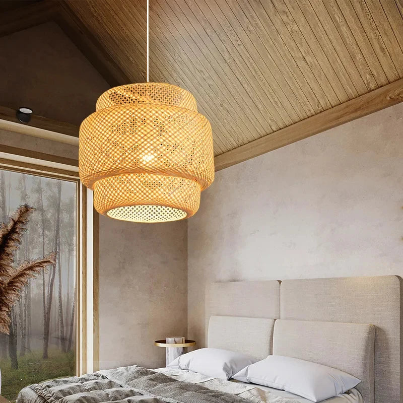 hand knitted bamboo pendant hanging lamp natural woven ceiling light fixture for bedroom dining room restaurant cafe and home decor