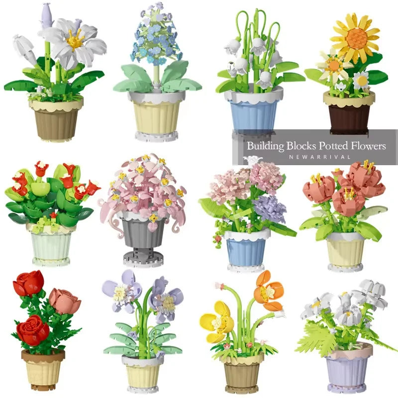 mini flower building block set with colorful potted plant designs micro self locking bricks DIY home desk decor toy gift